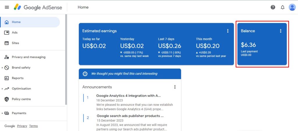 adsense account dashboard with earnings under 10 dollar